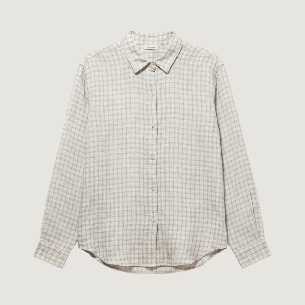 Abercrombie & Fitch Women Large Linen Blend Plaid Button Up Shirt Tan Gray White